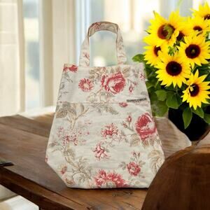 Womens Floral Tote Bag Cream Pink Rose Print Lined Cotton Canvas Cottagecore